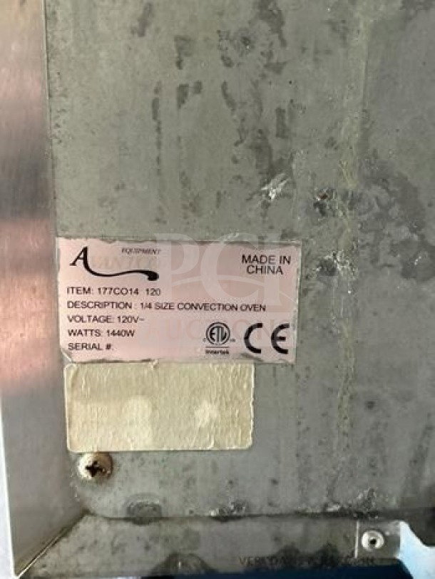 Avantco CO-14 countertop convection oven label, 0.8 cu. ft., 120V, 1440W, ETL listed, Made in China, model information visible.