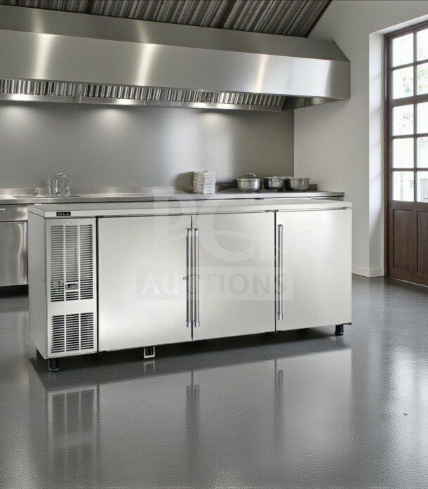 Perlick BBS84-SS-L-STK 84" stainless steel back bar refrigerator with 3 solid doors, 24.8 cu. ft., fully tested, NSF listed.