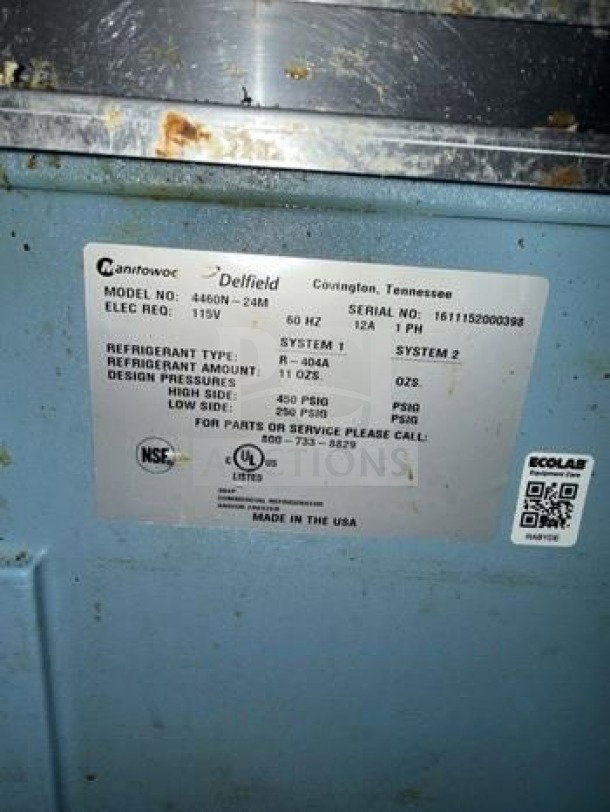 Delfield 4460NP-24M label showing model, serial number, and specifications. NSF/UL listed. Fully tested and operational.