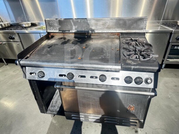 Wolf C48S-2B36G 48" gas range, 2 burners, 36" griddle, oven, cabinet base, 155,000 BTU, fully tested, excellent condition.