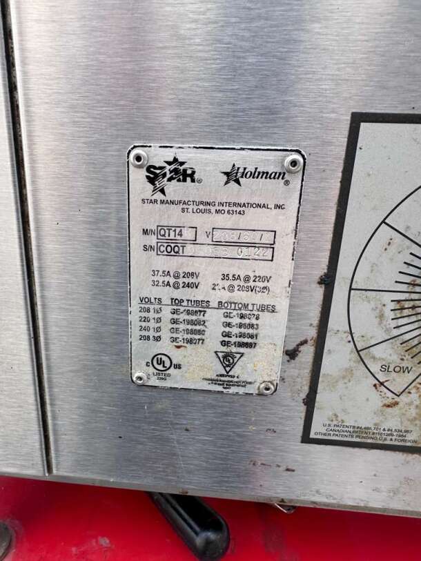 Star Holman QT14 conveyor toaster oven label with model and serial number, voltage specifications, and testing certifications.