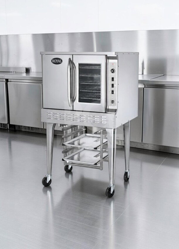 Royal Range RCOS-1 convection oven, stainless steel, 70,000 BTU, 120V, on casters, fully tested, UL/NSF listed.