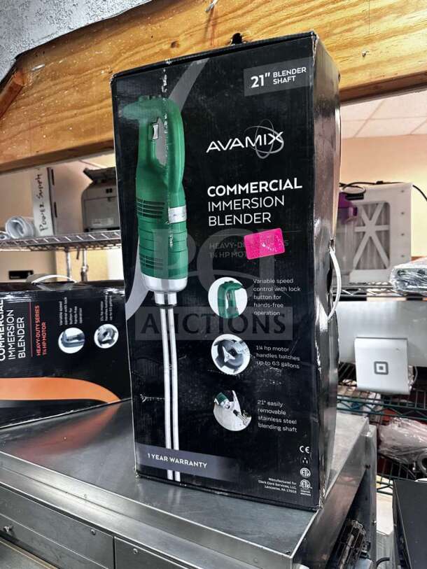 AvaMix IBHD21 21" heavy-duty immersion blender in original box, new condition. Features 1 1/4 HP motor, variable speed.