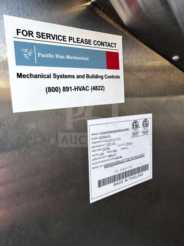 Atosa MBF8004GR refrigerator info tags. Features ETL listing, ENERGY STAR® rating, 21.4 Cu. Ft., made in Thailand.