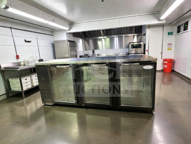 Everest EBB90G commercial bar refrigerator, 89 1/4", black, 3 glass doors, ETL/NSF listed, fully operational.