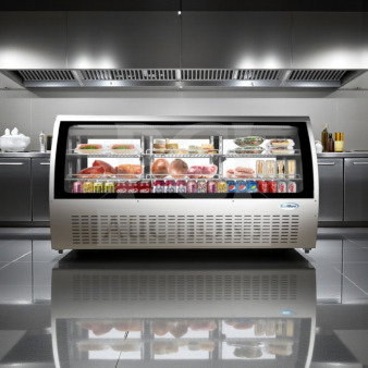 Brand new KoolMore RD32C-SS refrigerated deli display case, 82", 32 Cu. Ft., stainless steel, curved glass front, ETL listed.