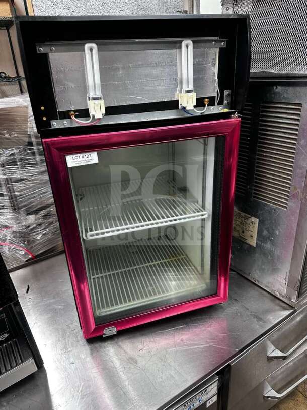 Superb condition Dongguan Fuhua CTH-32N commercial countertop display fridge, 2.5 cu. ft., glass door, fully tested, 110V.