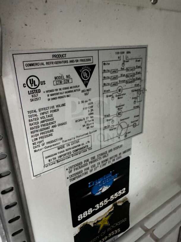 Label on Dongguan Fuhua CTH-32N refrigerator, showing UL listing, model details, 2.5 cu. ft. capacity, and usage instructions.