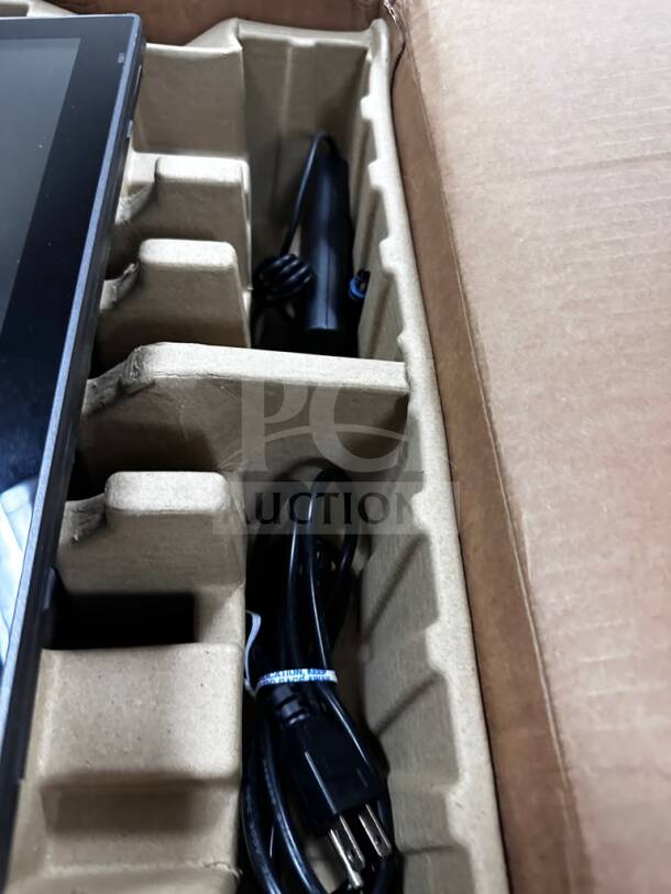 POSitouch XP-3685-HT 15” touchscreen POS terminal in box, includes card reader, adapter, and power cable. Pristine condition.