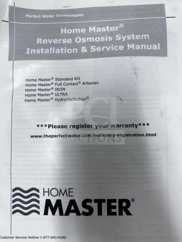 Installation manual for Home Master Reverse Osmosis System by Perfect Water Technologies, new, with warranty registration info.