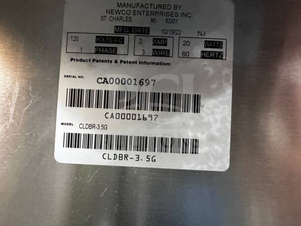 Newco CLDBR-3.5G cold brew system label, showing model, serial number, voltage (120), amps (2), and manufacturing details.