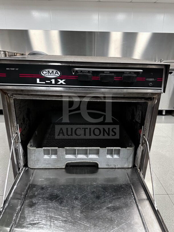 CMA Dishmachines L-1X commercial undercounter dishwasher, low-temp sanitizing, fully operational, controls visible.