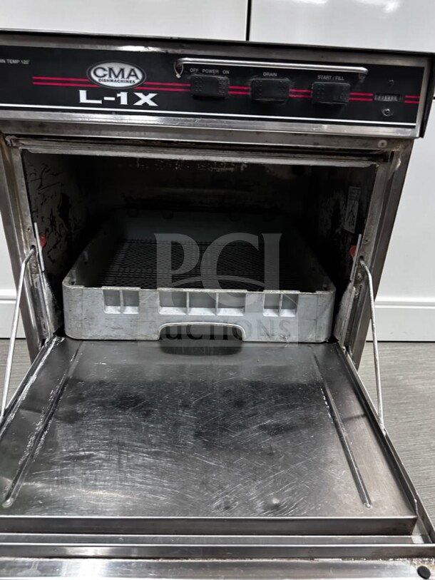CMA Dishmachines L-1X commercial undercounter dishwasher, 24" low-temp chemical sanitizing model, fully operational.