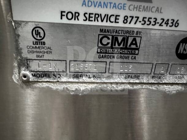 CMA Dishmachines L-1X model plate showing serial number 215571, UL listed, 115 voltage, garden grove CA origin.