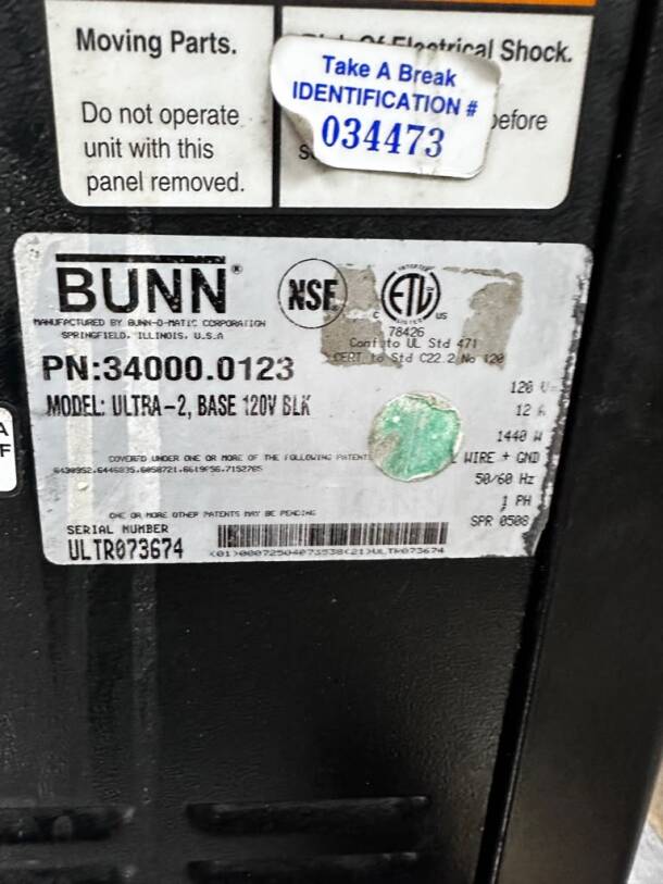 BUNN Ultra-2 commercial slushy machine label, model 34000.0123, 120V, with NSF and ETL certifications, serial ULTR073674.