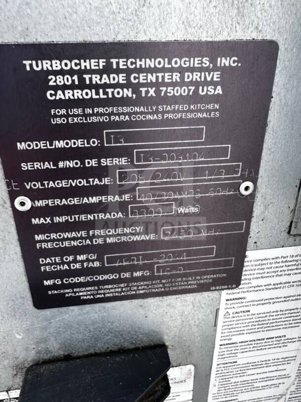 TurboChef i3 electric countertop rapid cook oven, ventless, one-touch controls. Model and serial number plate displayed.