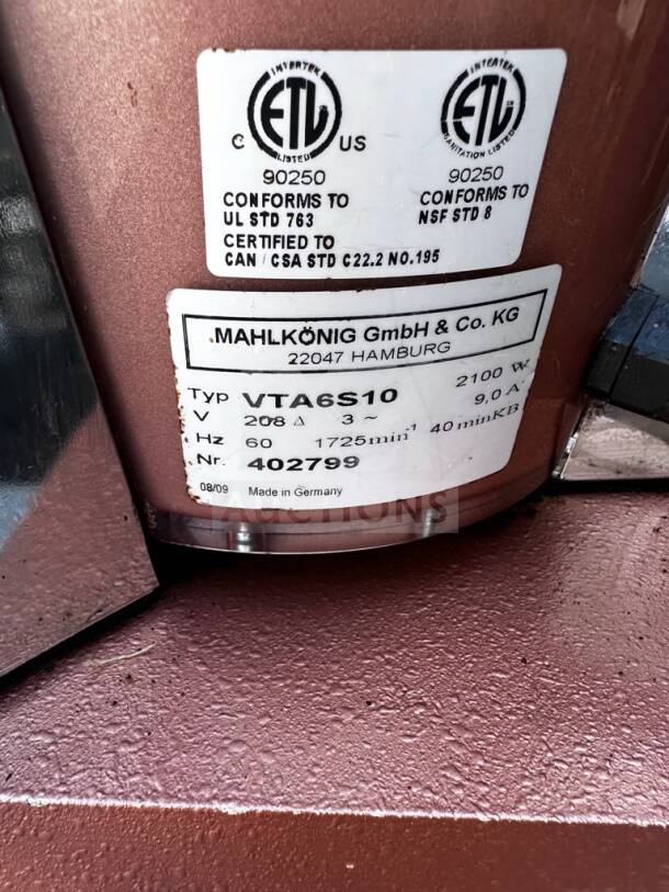 Mahlkönig VTA 6S coffee grinder, model VTA6S10, high-grade condition, made in Germany, ETL certified label visible.