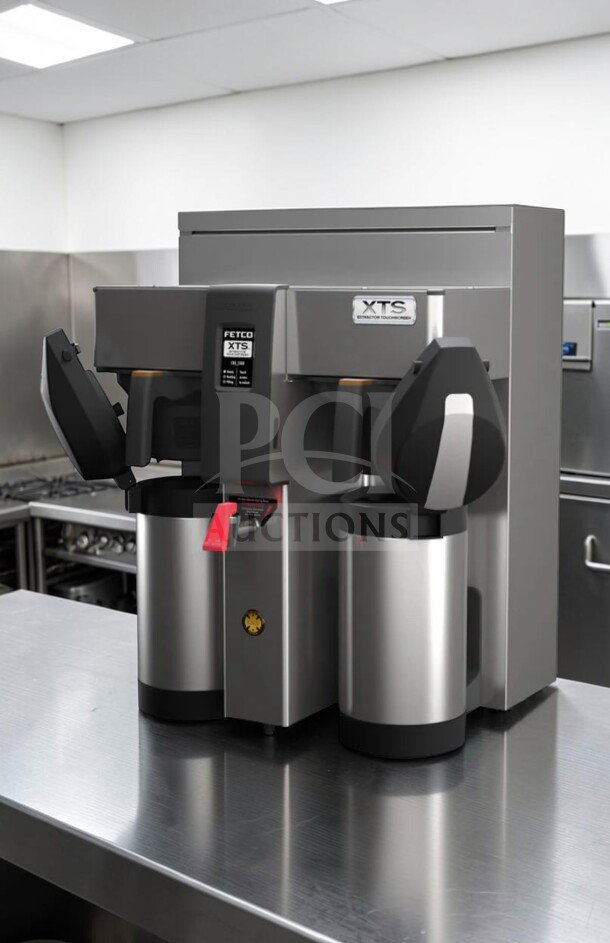 Stainless steel FETCO CBS-2132XTS double coffee brewer, model E213251, in optimal condition, tested and operational.