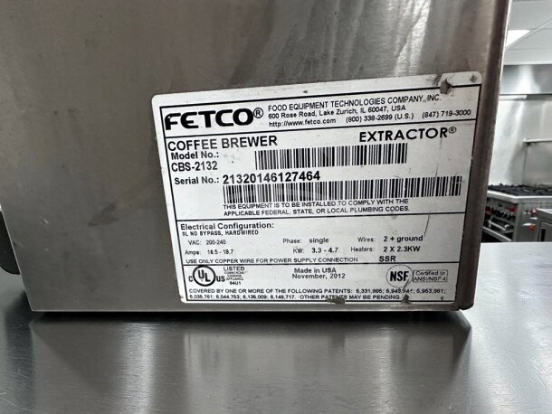 FETCO CBS-2132XTS stainless steel coffee brewer, NSF certified, 240V, serial 21320146127464, fully tested.