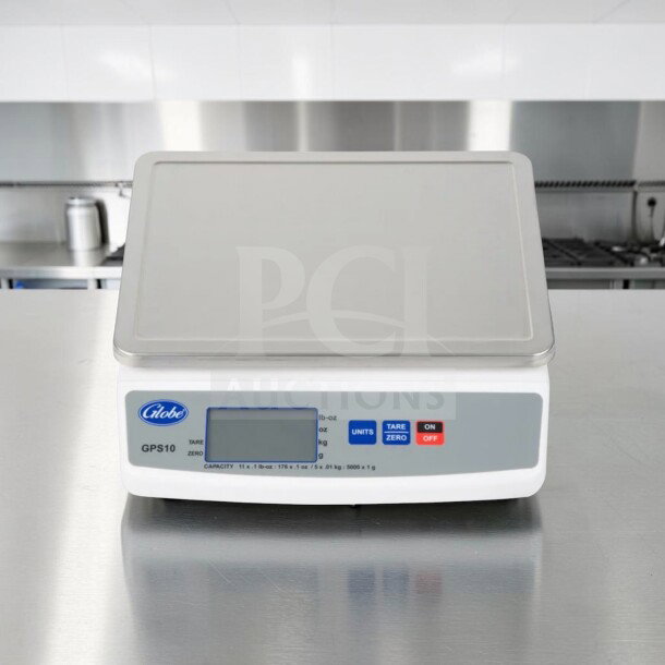 Globe GPS10 digital portion control scale with a stainless steel platform, NSF certified, high-quality condition, fully tested.
