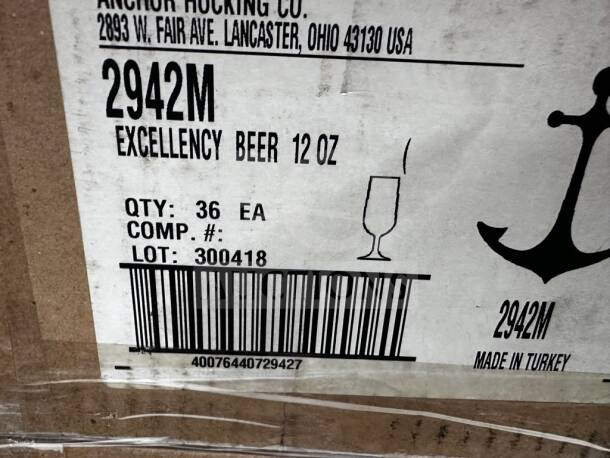 Pristine Anchor Hocking 2942M Excellency 12 oz beer glasses, 2 cases totaling 72 pieces, brand new, lot 300418.