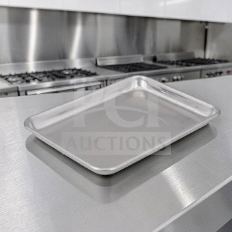 1/4 Size 18-gauge aluminum sheet pan, model ALU-S-PAN-1166, by Commercial Kitchen Smallwares, shown in commercial kitchen.