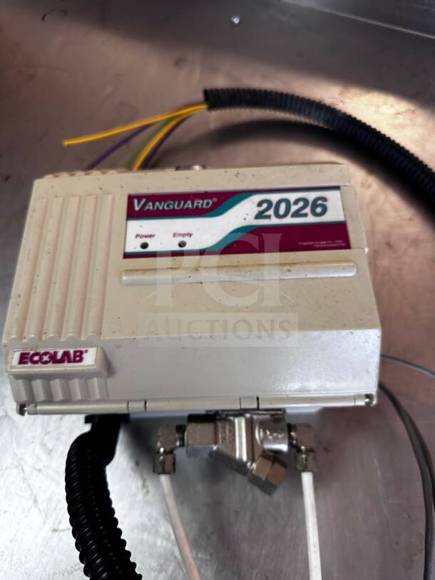 Ecolab Vanguard 2026 detergent dispenser, commercial-grade, warewashing chemical control system, UL listed, tested operational.