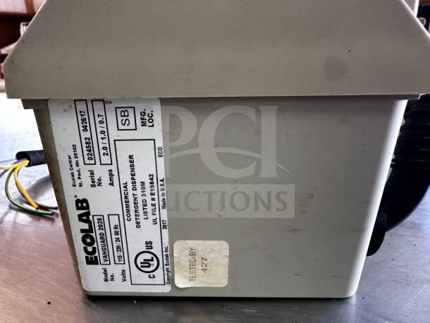 Ecolab Vanguard 2026 detergent dispenser, commercial warewashing system, UL listed, fully tested, visible labeling.