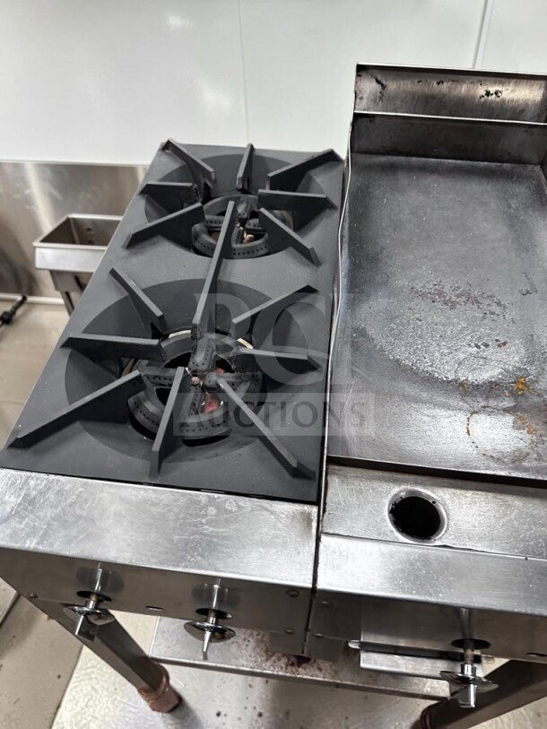 Commercial 24" portable propane cooktop with two 12" open flame burners and 12" iron griddle on a stainless steel stand.