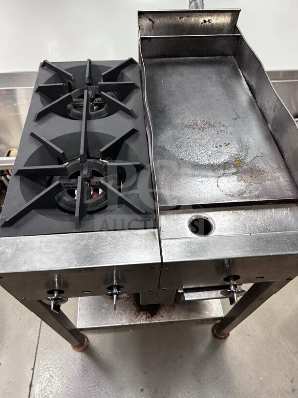 Commercial 24" propane cooktop with two 12" open flame burners, 12" iron griddle, stainless steel stand, excellent condition.