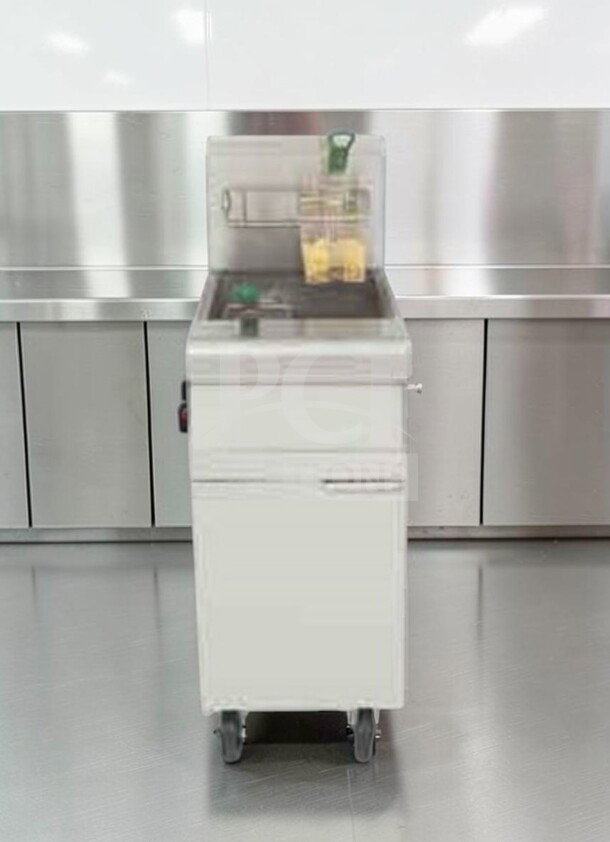 Frymaster PMJ145 gas floor fryer, 50 lb capacity, 122,000 BTU, prime condition, fully tested, full pot design.