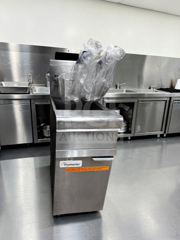 Frymaster PMJ145 gas floor fryer, 50 lb capacity, 122,000 BTU, fully tested, prime condition, visible brand label.
