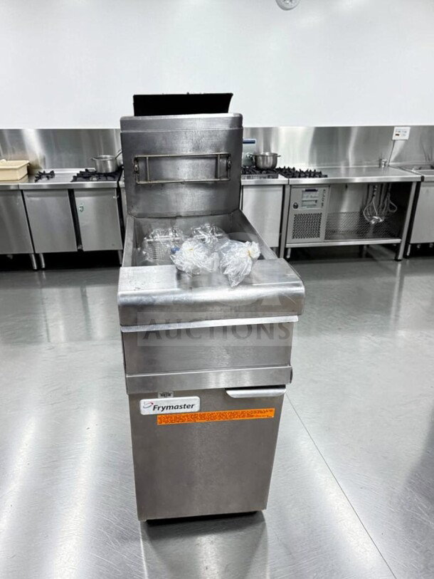 Frymaster PMJ145 gas floor fryer, prime condition, 50 lb capacity, 122,000 BTU, fully tested, visible brand label.