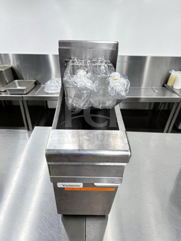 Frymaster PMJ145 gas fryer, 50 lb capacity, 122,000 BTU, prime condition, fully tested, visible label, stainless steel finish.