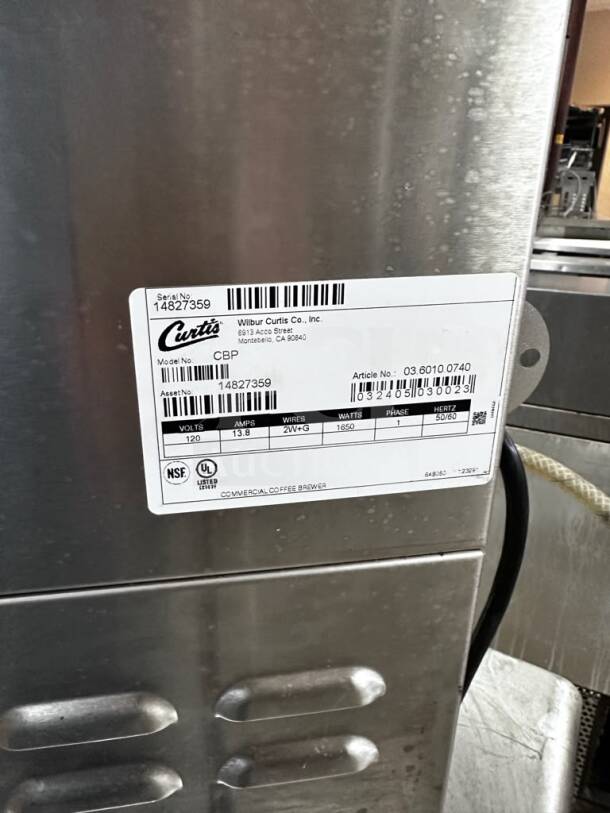 Wilbur Curtis CBP coffee/tea brewer, exceptional condition, G3 digital controls, 120V. Serial No. 14827359 visible on label.