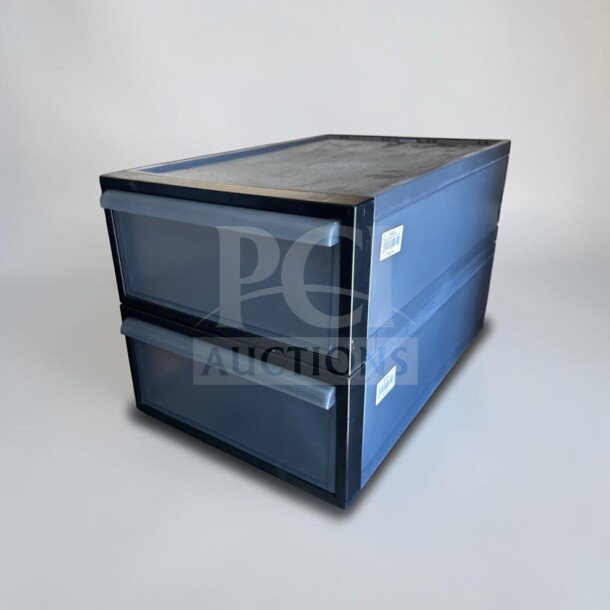The Container Store storage bins, excellent condition, stackable, two units, commercial/home use, barcode labels visible.
