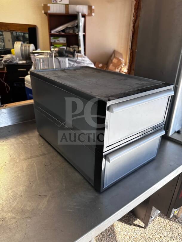 The Container Store storage containers, excellent condition, set of 2, commercial/home use bins, sleek design, gray finish.