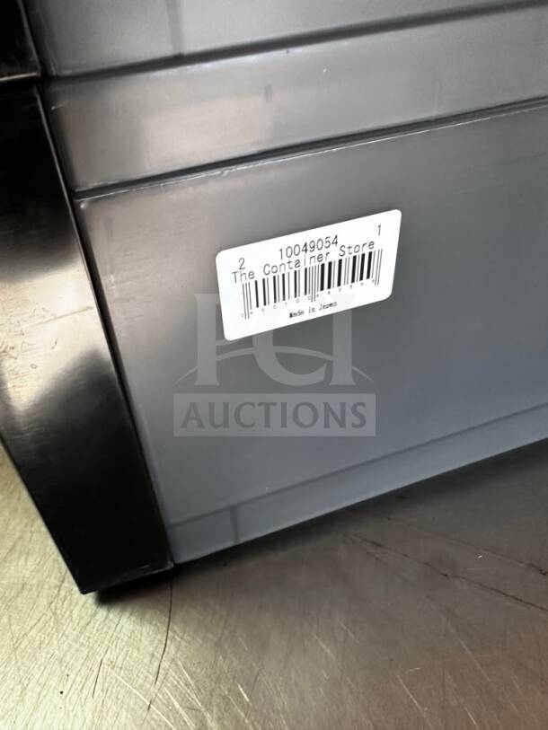 Excellent condition Container Store storage container, gray, with visible label and barcode. Quantity: 2. Ready for use.