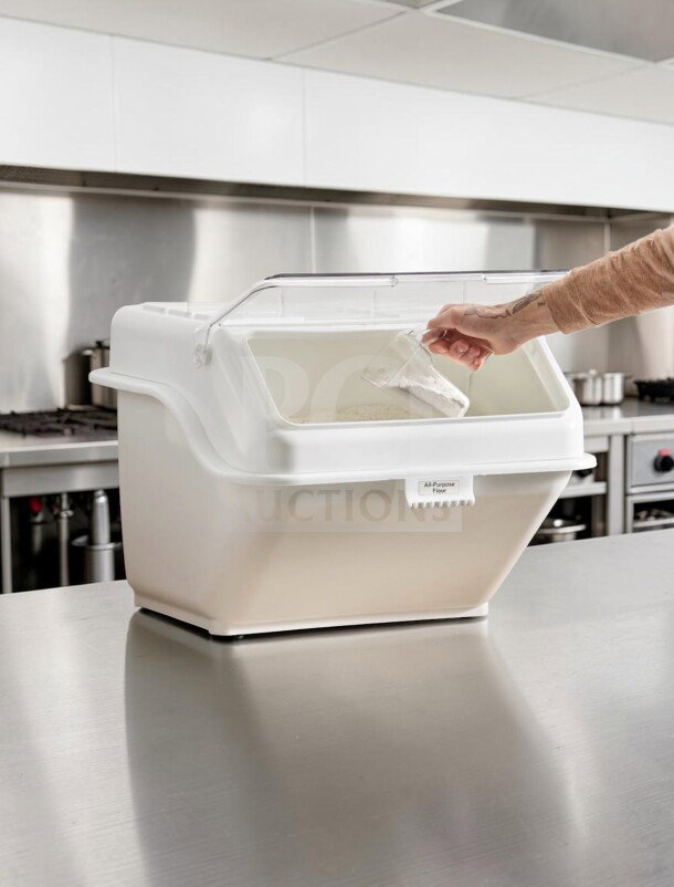 Baker’s Lane ingredient bin, 12.6-gallon, flip lid, scoop, label sheet, model 176IB200, pristine, NSF certified, commercial-ready.