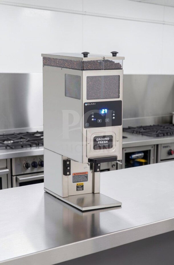 BUNN G9-2T DBC Tall Batch Coffee Grinder in exceptional condition, dual 6 lb hoppers, tested and operational, model 33700.0000.