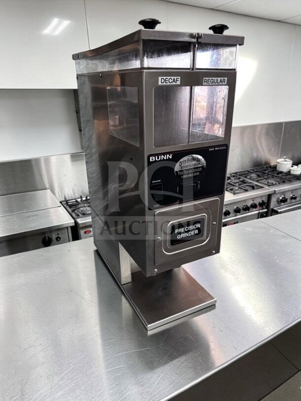 BUNN G9-2T DBC coffee grinder, dual 6 lb hoppers, stainless steel, model 33700.0000, 120V, exceptional condition, fully tested.