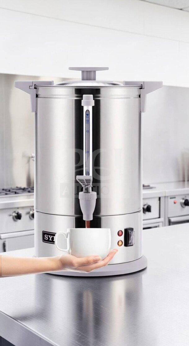 Pristine SYBO 100-cup stainless steel coffee percolator urn, model SR-CP-100B, new and ready for use, 16L capacity.
