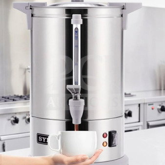 Pristine SYBO 100-cup stainless steel coffee percolator urn, model SR-CP-100B, new and ready for use, 16L capacity.