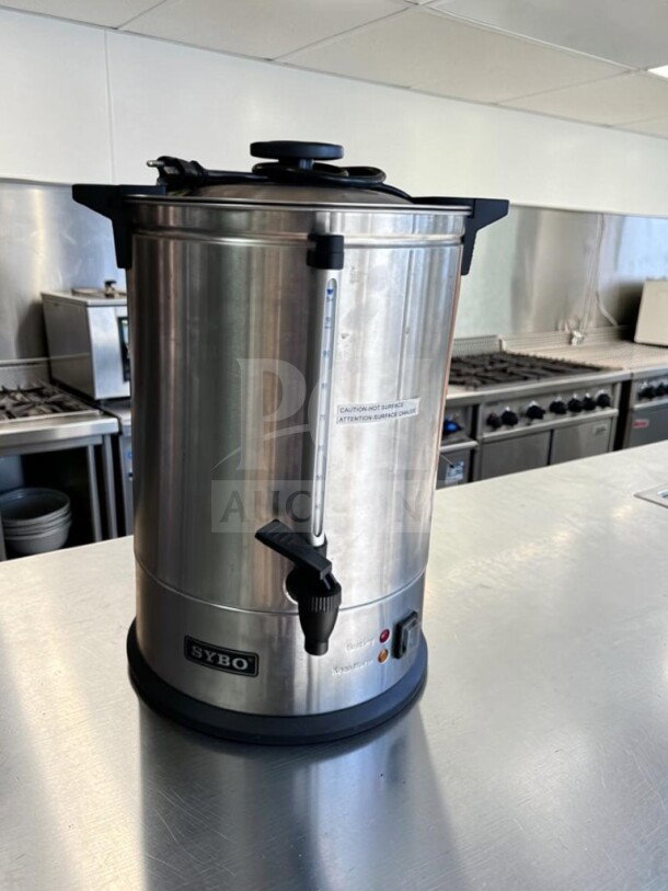 SYBO 100-Cup Stainless Steel Coffee Percolator Urn, Model SR-CP-100B, in pristine condition, with visible gauge and labels.
