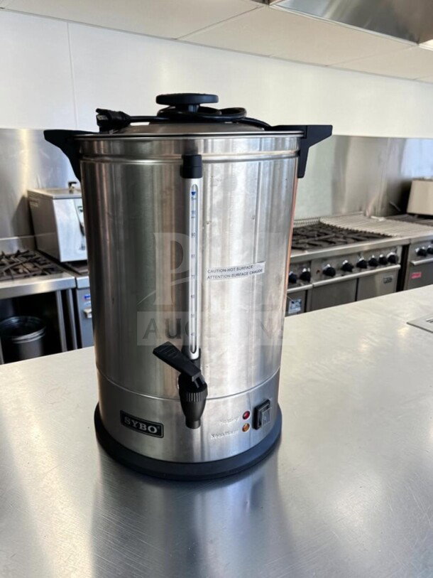 Pristine SYBO 100-Cup Stainless Steel Coffee Percolator Urn, Model SR-CP-100B, 16L capacity, new condition, ready for use.
