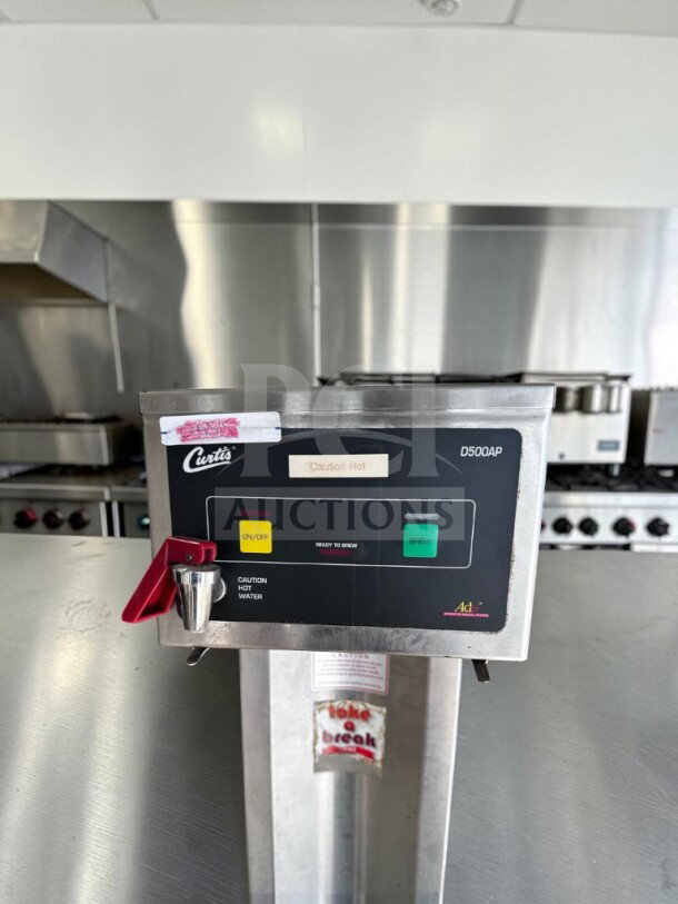 Wilbur Curtis D500-APT-12 commercial airpot coffee brewer, made in USA, fully tested, 120V, caution and operation markings visible.