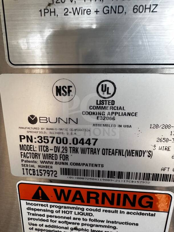 BUNN ITCB-DV 29" commercial tea & coffee brewer, Infusion Series, NSF & UL listed, model PN 35700.0447, fully tested.