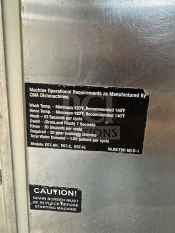 CMA Energy Saver EST Series commercial dishwasher. Operational requirements tag details temperature and cycle times.