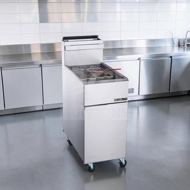 Blue Lava BLF3-NG deep fryer, superior condition, 3-burner, floor model, natural gas, fully tested, commercial use.