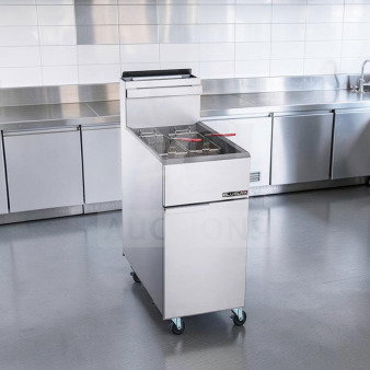 Blue Lava BLF3-NG deep fryer, superior condition, 3-burner, floor model, natural gas, fully tested, commercial use.